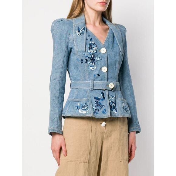 NWT Christian Dior Stella Floral Puff Sleeve Belted Denim Jacket Blue Women 38/6 - Picture 1 of 9